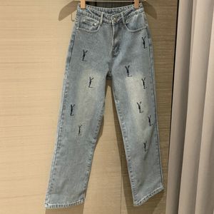 Calças de brim femininas design na moda marca escovado bordado jeans feminino elegante versátil calças largas retas