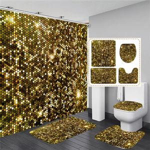 Gold Shiny Mosaic with Colorful Pattern Bathroom Shower Curtains Toilet Lid Cover Mats Non-Slip Carpet Bath Rugs Home Decor 240226