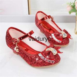 Sandals Kids Shoes Sequin Girls High Heel Head Round Soft Bottom Bow Ldren Princess تظهر Crystal Leather Shoeh24229