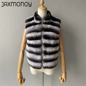 Fur Jaxmonoy Natural Rabbit Fur Coat for Women Winter Real Rex Rabbit Fur Vest Ladies Fashion Patchwork Wool Blend Waistcoat Fall