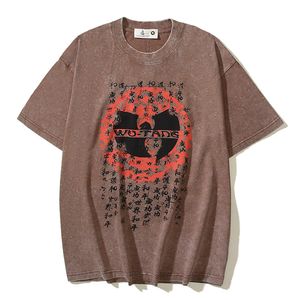 Camiseta masculina estampada com letras chinesas, manga curta, algodão lavado, café, verão