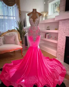 Diamond Hot Pink Prom -klänningar för svarta flickor veet pärlor festklänningar sjöjungfru aftonklänning vestidos de gala