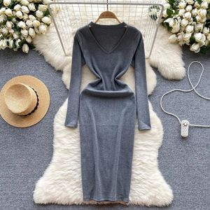 Vestidos casuais menina clássica vestido longo outono feminino e inverno primavera oco com estampa esticada malha bodycon cinza