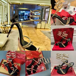 Kristaller utsmyckade strass klackar sandaler rene caovilla cleo 95mm designers ankel wraparound women high heeled sandal blomma strass kvällskor