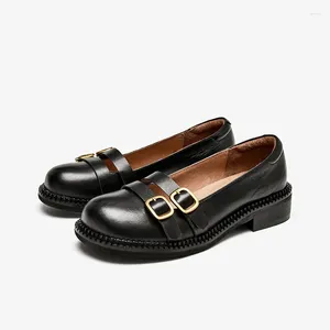 Leather Shallow Flats Cow Genuine Casual Shoes Women 457 Round Toe Metal Buckle Decoration Elegant Ladies Boat Summer Handmade 26029F 473 96