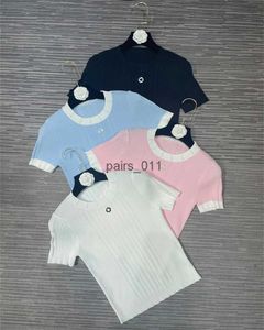 Blusas femininas camisas de malha camiseta verão 4 cores mulheres elegante camisa de malha jacquard tecer o pescoço manga curta pulôver 240229
