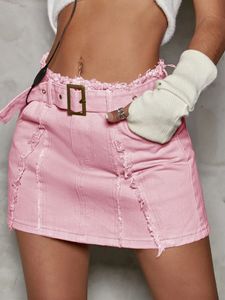 Kvinnor Fashion Low Rise Denim kjol bälte rå detalj Slant Pocket Cargo Retro Estetic Aline Jean 240227