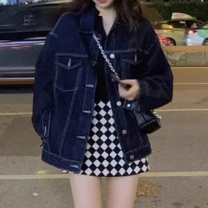 Jackets Fried Street Denim Jacket Female 2021 Spring Autumn Women's New BF Student AllMatch Loose Small Casual Dark Blue Jacket Top W30