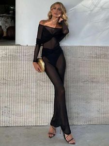 Casual Dresses Sexy Off Shoulder Slash Neck Long Sleeve See-through Black Mesh For Women 2024 Elegant Patchwork Party Dress