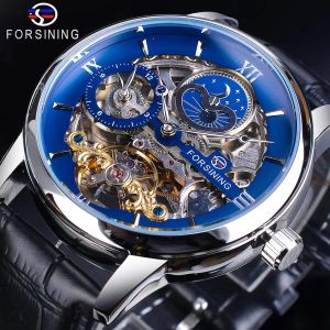 Uhren Forsining Dual Time Zone Automatische Skelettuhr Blaues Zifferblatt Lederband Wasserdichte mechanische Uhr Mondphase Herren Sportuhr