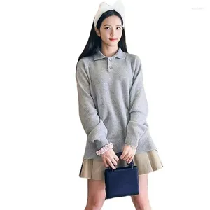 Vestidos de trabalho Kpop Girl Group Jisoo outono / inverno lapela cinza manga comprida suéter de malha sexy cintura alta mini saia plissada mulheres conjunto de duas peças