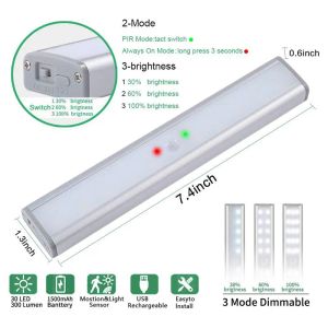 30 led recarregável luz do armário regulável sensor de movimento sem fio led sob iluminação do armário para escada corredor armário guarda-roupa ll