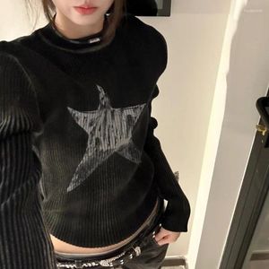 Women's T Shirts Vintage Star Print Washed Casual Knit Long-sleeved T-shirt Women 2024 Autumn Streetwear O-neck Loose Distressed Tops