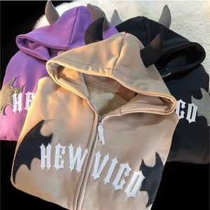 Men's Hoodies Sweatshirts Y2K Winter Fleece Vintage Hoodie Women's Cardigan Zipper Coat Top Letter Spell Back-to-hat Double Horns T240229