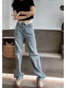 Jeans designer femminile jeans attillati a vita alta 2024 primavera estate in lettera di lettera bianca e pantaloni in denim di lunghezza dritta