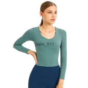 Blusas femininas camisas manga acolchoada sutiã esportivo com decote em v cor sólida magro correndo camisa de fitness treino roupas de ginásio 240229