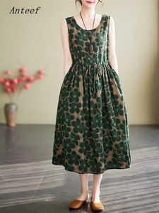 Casual Dresses Anteef Sleeveless Cotton Vintage Floral In For Women Loose Long Summer Dress Elegant Clothing 2024