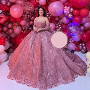 2024 Pink Sequins Ball Gown Quinceanera Dress Tulle Appliques Lace Beads Off Shoulder Sweet 15 16 Birthday Party Formal