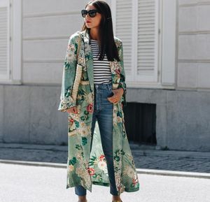 2019 Ny Vintage Pareo Retro Floral Print Green Long Kimono Jacket Long Sleeve Cardigan Maxi Shawl Summer Tops Belted Beachwear V11615307