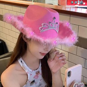 Berets Crown Pink West Cowboy Hat Women Feather Edge Shiny Sequins Cowgirl Caps Costume Party Play Dress Cap