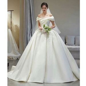 2024 Elegant A Line Wedding Dresses sweep train satin Beads Tulle Skirt Sheer off shoulder Lace Bridal Dress beach boho Vestido de Noiva elegant plus size bridal gown