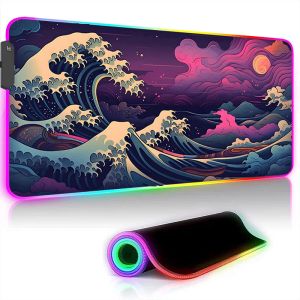 Pads The Great Waves of Kanagawa Anime RGB Large Mouse Pad Laptop Gaming Backlight Keyboard Desktop Mat LED Computer Mousepad Carpet