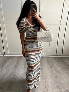 U-neck striped crochet short knitted dress for womens sexy A-line tight knit Maxi Vesidos womens fashionable commuting dress 240229
