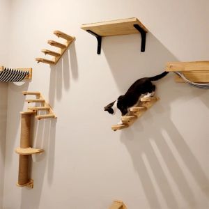 Scratchers Duvara Monte Kedi Rafları Kazanan Ahşap Kedi Ağacı Duvar Kedi Adımları İçin Tüneller Merdiven Hammock Kedi Tırmanma Duvar Mobilyaları