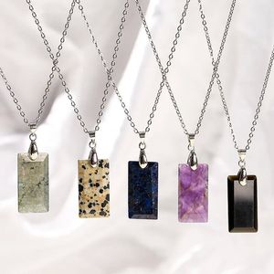 Natural Stone Pendant Raw Mineral Rectangle Quartz Amazonite Tiger Eye Lapsi Pink Crystal Necklaces for Women Jewelry Gift