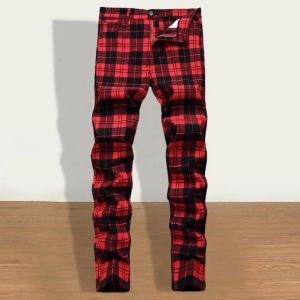 Pants Men Button Zip Trousers Button Fly Slim Fit Plaid Print Wild Skinny Soft Full Length Men Red Plaid Printed Pants for Work
