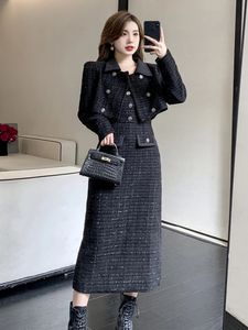 Tweed di lusso a due pezzi Set da donna Abiti da donna Vintage con risvolto Giacca corta Cappotto Senza spalline Abito completo Autunno Inverno Lana S 240226