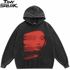 Herrtröjor 2024 Hip Hop Oversize Hoodie Sweatshirt Men Streetwear Face Ghost Shadow Graphic Harajuku Retro Washed Black Hooded Pullover