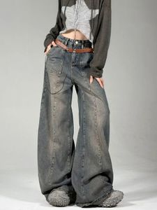Amerikan tarzı modaya uygun ve kişiselleştirilmiş retro yıkanmış geniş bacak kot pantolon kadınlar için ince ve cadde gevşek düz gündelik pantolon 240219