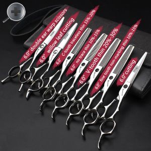 Tools Ashadow 6inch Barber Shop Professional Scissors Imported Steel 440c Hairdresser Thin Cut Flat Cut Hair Salon Scissors Set