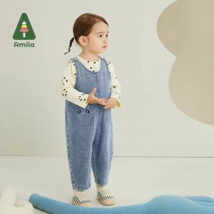 Pantskirt amila bebê jeans define 2023 primavera nova manga comprida camiseta + calças jeans duas peças terno para meninas casuais crianças roupas