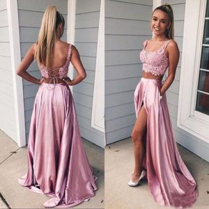 Pink Two Pieces Prom Dresses Scoop Neck Sleeveless Open Back Corset Lace Crop Top Sexy High Split Long Evening Party Gowns Sweep T239U