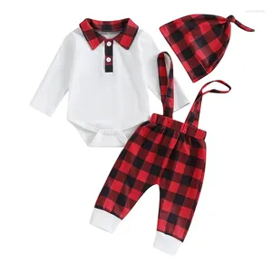 Set di abbigliamento Born Baby Boys Plaid Christmas Gentleman Outfits Manica lunga Bavero Felpa Pagliaccetto Bretelle Pantaloni Cappello Set