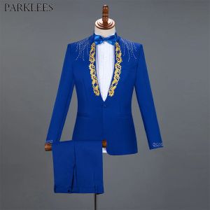 Anzüge Diamond Royal Blue Männer Anzug Set Gold gestickt Hochzeitsmenschen Schlanker Smoking Smokedo Mens Suits mit Hosen Prom Show Stage Kostüm Männlich männlich