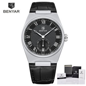 Remover 2023 New Benyar Premium Men's Watch Black Dial Leather Strap Date Men Men Men's Watch Watch Waterproof Men's Watch