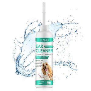 Solução de limpeza de orelha de cachorro, solução de limpeza de orelha para animais de estimação, 120ml, desodorização suave, enxágue de orelha, não irritante, lavagem de orelhas de cachorro de estimação