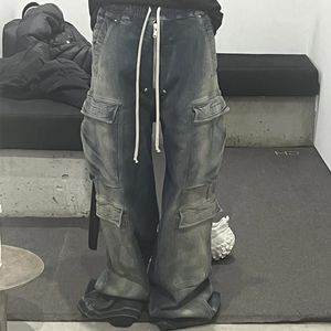 Популярные мужские брюки с множеством карманов, джинсы из потертого денима с завязками, модные брюки для мужчин, мужская одежда в полный рост