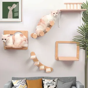 Scratchers 1 Piece New Wall Mounted Cat Climbing Frame hyllor Kattträd Trästrålning Hoppningskort Kattleksaker som spelar inomhusmöbler