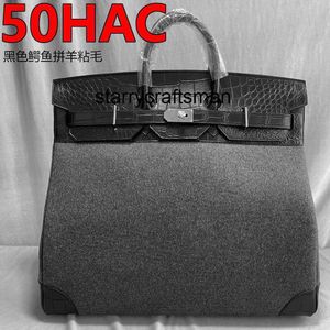 Totes Genuine Leather Handbag L 50cm Hac Black Crocodile Skin Patchwork Sheep Sticky Woolen Cloth Large Travel Bag