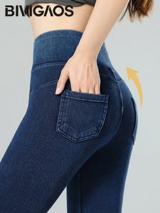 BIVIGAOS Джинсовые леггинсы для йоги и фитнеса с высокой талией и карманами для ягодиц, узкие джинсы скинни, узкие эластичные джеггинсы 240227