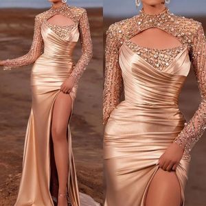 Luxury Women Evening Dresses High Collar Long Sleeves Prom Gowns Sequins Beads Split Side Sweep Train Dress For Party Custom Made Robe De Soiree