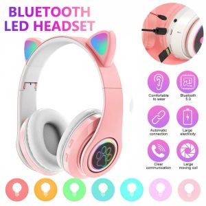 ヘッドフォンキッズイヤホンの点滅LED猫の耳Bluetoothワイヤレスヘッドフォンは、キッズガールズギフト用マイクTF FMを備えたBluetoothイヤホン