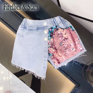 Jeans Summer Girls Jeans Baby Hot Shorts Kids Denim Shorts Children Bottoms Streetwear Fashion Sequin Patch Irregular 37y