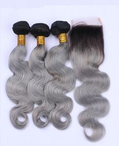 1BGrey Ombre Offerte per capelli vergini peruviani 3 pezzi con chiusura Body Wave Ombre Trame di capelli umani grigio argento con pizzo 4x4 Clos7144721