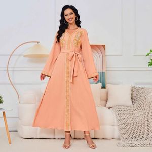 Ethnic Clothing Muslim Eid Al-Adha Robes Women V-neck Beaded Dress Casual Loose Lace-up Dubai Abaya Solid Kaftan Robe Femme For