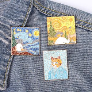 Nova pintura a óleo liga broche criativo van gogh céu estrelado padrão geométrico design emblema de pintura cozida